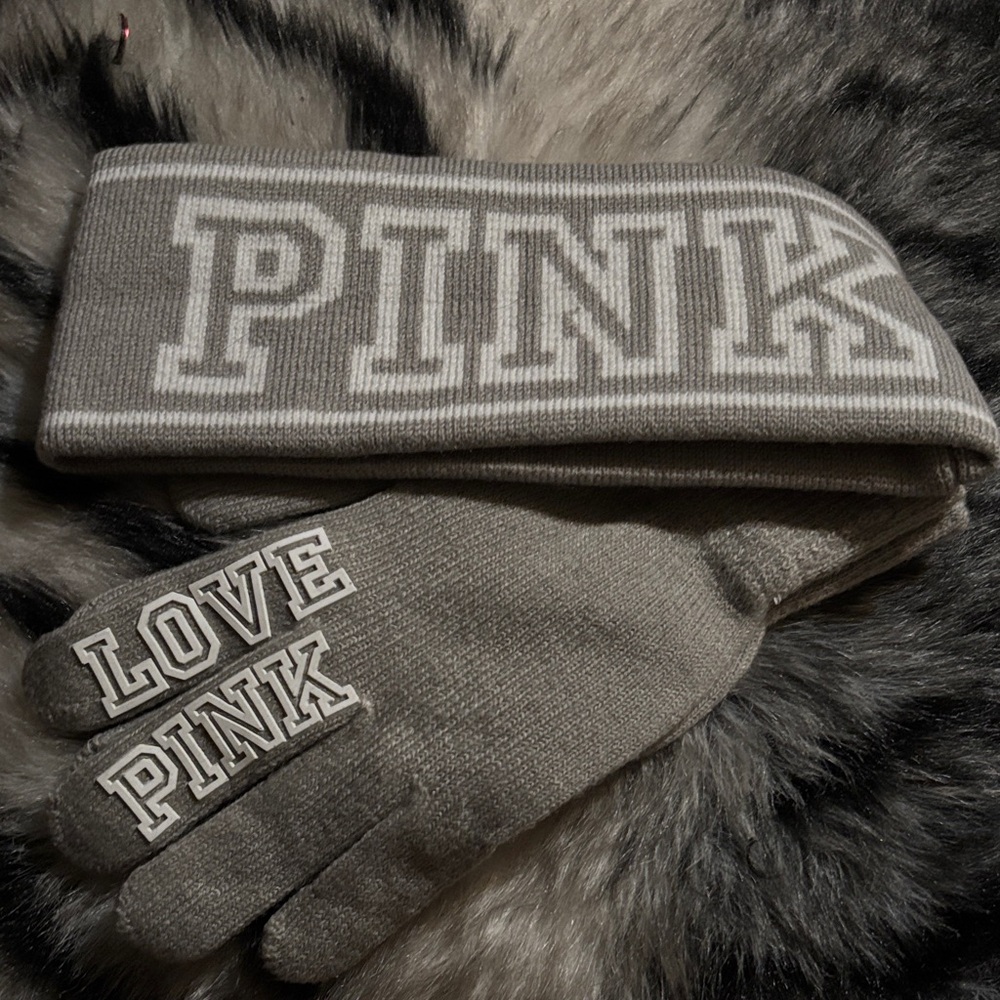 Gray PINK LOVE Headband and Gloves Set